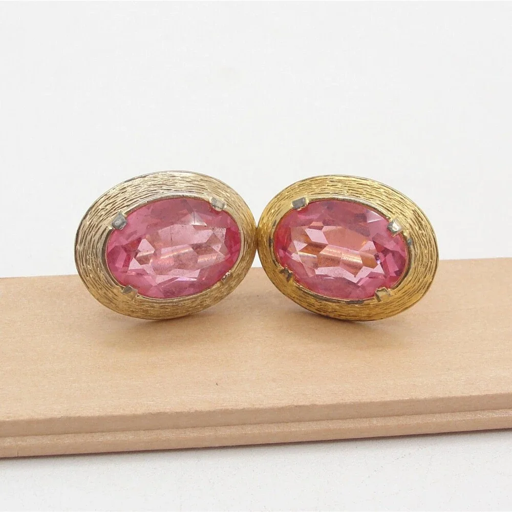 Vintage Swank Pink Glass Gold Tone Oval Cufflinks Mens Formal Wedding Groomsmen